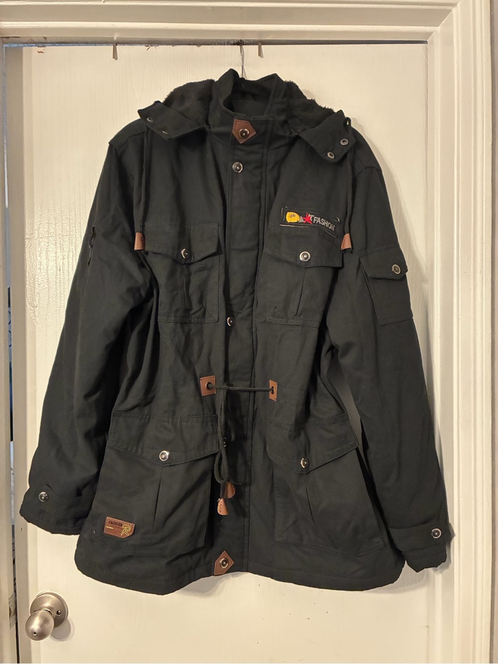 Men's Black Hooded Faux Fur Lined Field Jacket 50” waist - Casual Utility Coat